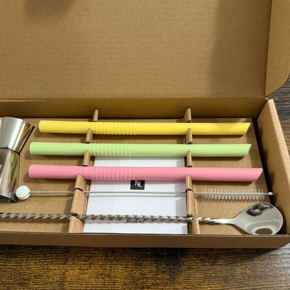 NESPRESSO Recipe Kit Coffee Accessory Set JIGGER Spoon REUSABLE STRAWS brush NEW - Picture 3 of 5